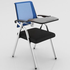 Blue Mesh Office Chair with Attached Desk, Lumbar Support, Folding Design, Cup Holder, and Metal Legs