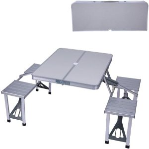 Silver Aluminum Folding Camping Table and Chair Set with Umbrella Hole for Picnics and BBQs