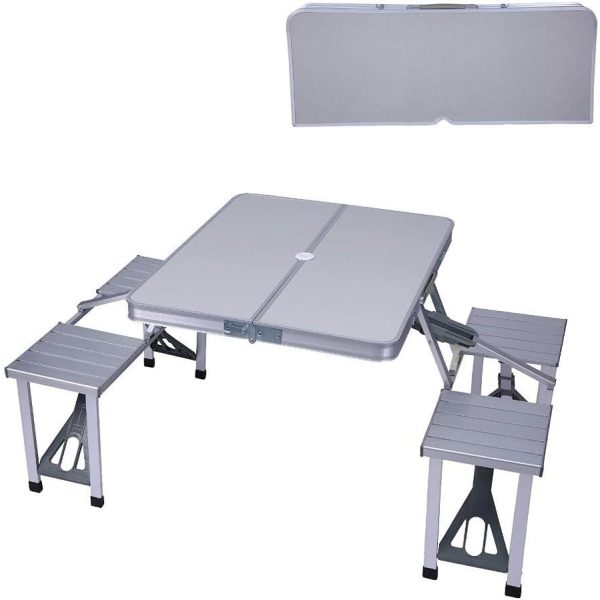 Silver Aluminum Folding Camping Table and Chair Set with Umbrella Hole for Picnics and BBQs