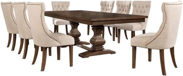 9-Piece Walnut Dining Set with Beige Chairs