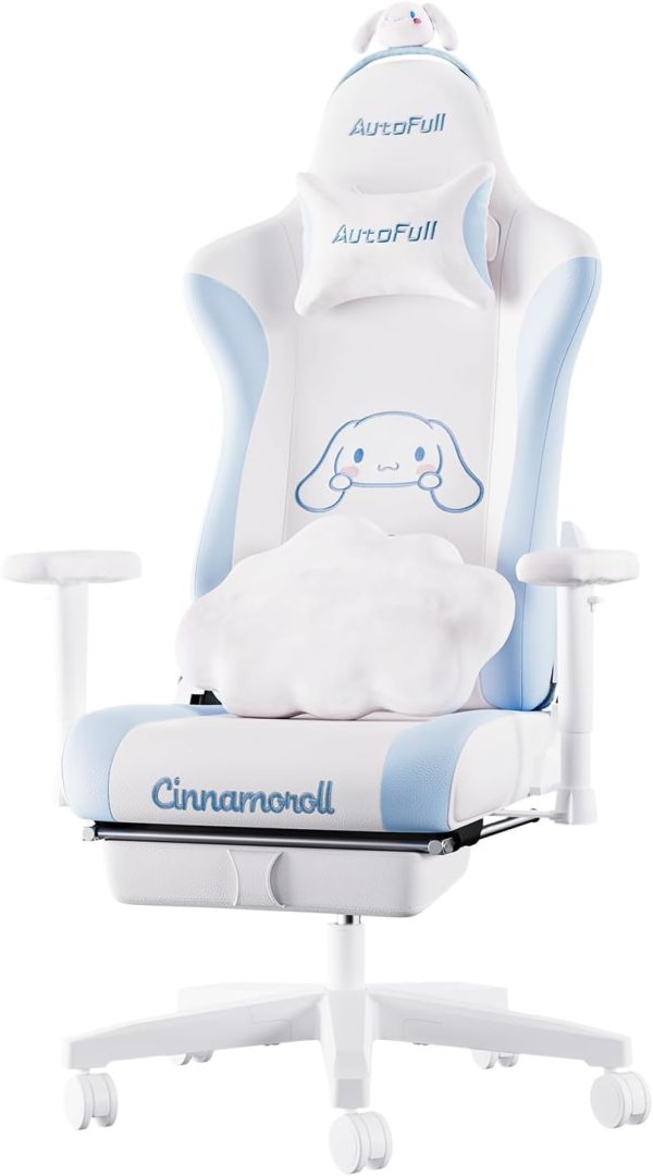 Cinnamoroll Ergonomic Gaming Chair with Lumbar Support and Footrest, White & Blue