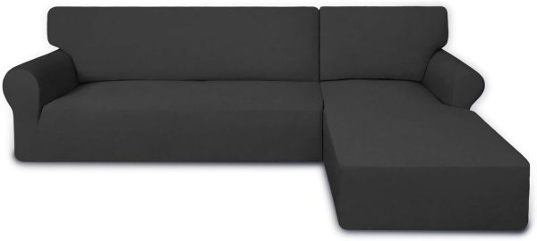 PureFit Super Stretch Sectional Couch Covers - 2-Piece Spandex, Non-Slip, Elastic Bottom for L-Shape Sofa, Kid & Pet Friendly (3-Seat Sofa + 3-Seat Chaise, Dark Gray)