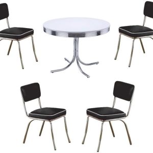 42" Vintage Retro Round Dining Table Set with 4 Cushioned Black and Chrome Side Chairs for Kitchen and Dining Room