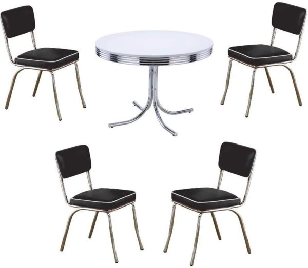 42" Vintage Retro Round Dining Table Set with 4 Cushioned Black and Chrome Side Chairs for Kitchen and Dining Room
