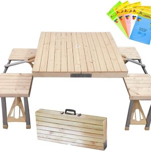 Folding Picnic Table with 4 Chairs for Outdoor Camping and Dining (Wooden)