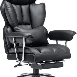 Efomao 400LBS Big and Tall Office Chair, PU Leather, with Leg Rest and Lumbar Support, Black