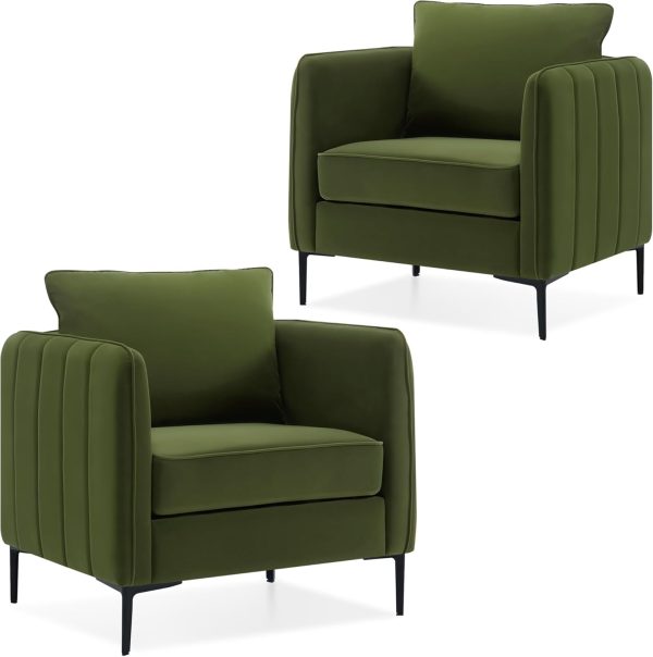 Set of 2 Olive Green Velvet Accent Chairs with Cushion and Wood Frame for Living Room, Bedroom, or Office
