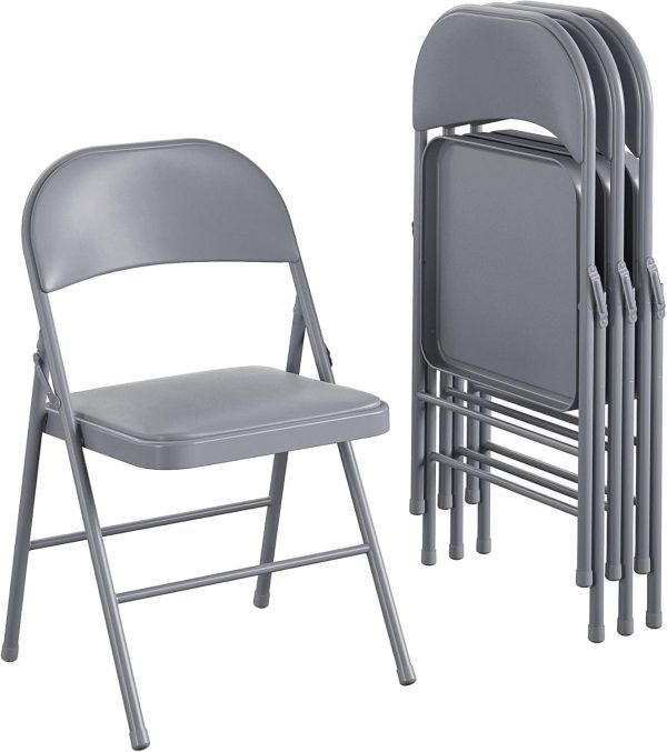 Cosco Premium Vinyl Padded Metal Folding Chair, Double Braced, 4-Pack, Gray