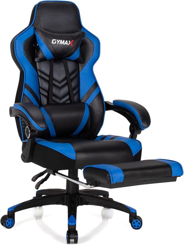 Ergonomic Blue Gaming Chair with Reclining, Footrest, Lumbar Support, and Headrest