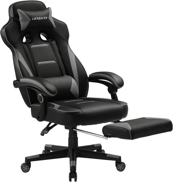 Ergonomic Gaming Chair with Footrest and Lumbar Support, 350lb Capacity, Grey