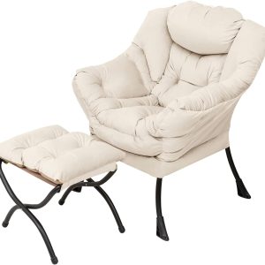 Welnow Lazy Lounge Chair with Ottoman – Modern Reading Armchair with Side Pocket, Beige