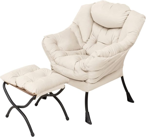 Welnow Lazy Lounge Chair with Ottoman – Modern Reading Armchair with Side Pocket, Beige