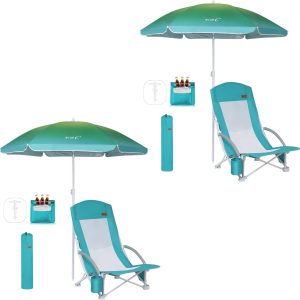 Nice C Beach Chair with Umbrella, Cooler, High Back, Cup Holder, Carry Bag, Heavy Duty, Compact, Blue (Set)