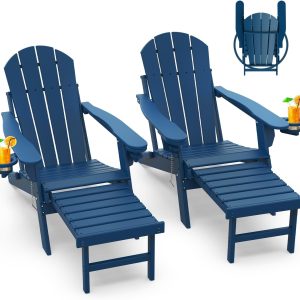 Set of 2 Folding Adirondack Chairs with Retractable Ottoman, HDPE Plastic, Blue, All-Weather, with Cup Holders for Outdoor Poolside