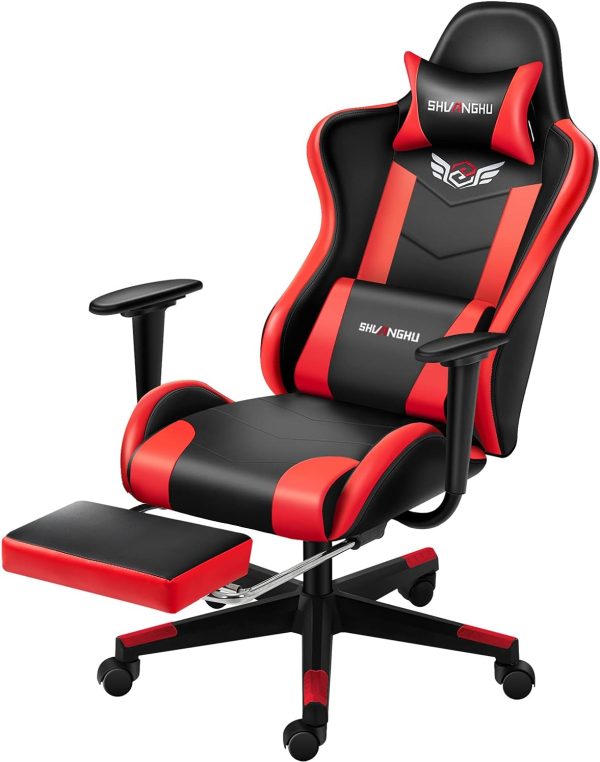 Ergonomic Gaming Office Chair with Reclining, Headrest, Lumbar Support, and Footrest (Red)