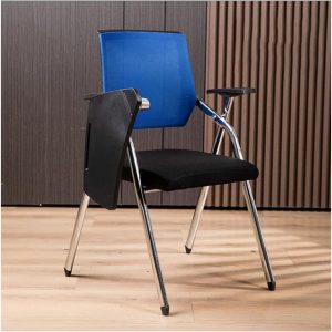 Blue Mesh Student Chair with Attached Desk, Lumbar Support, Foldable Tablet Arm, Cup Holder, and Metal Frame