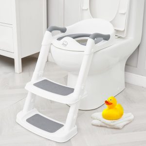 Forbena Toddler Potty Training Seat with Ladder, Non-Slip, Foldable, Soft Cushion, White-Grey