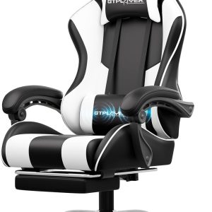 GTPLAYER Gaming Chair with Footrest, Lumbar Support, and Adjustable Swivel Seat (White)
