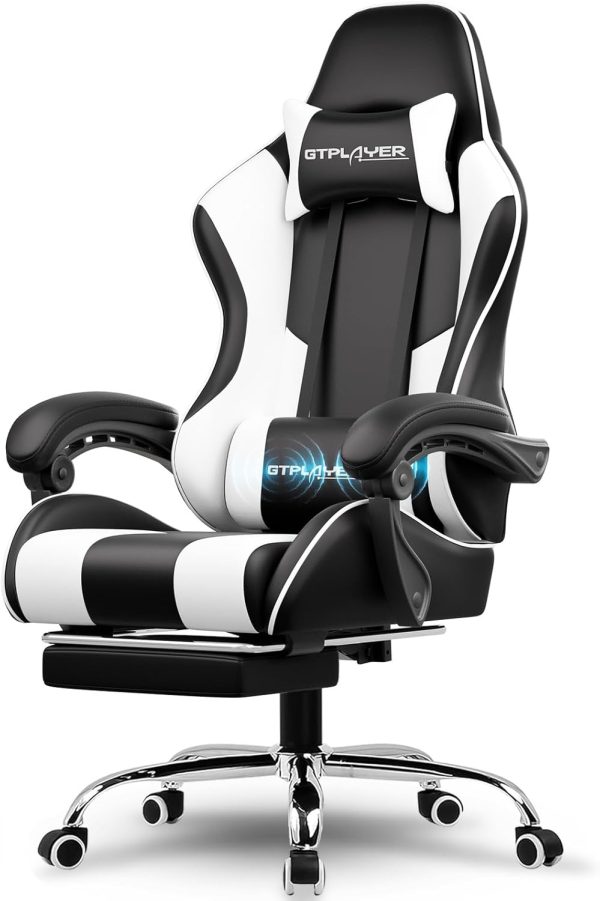 GTPLAYER Gaming Chair with Footrest, Lumbar Support, and Adjustable Swivel Seat (White)