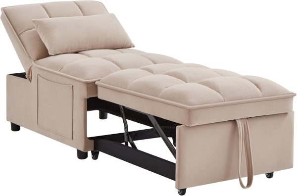 4-in-1 Tufted Single Sofa Bed with Storage, Adjustable Backrest, Pillows, and Convertible Chaise (Taupe)