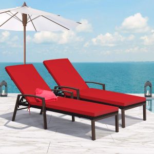 Tangkula 2-Piece Patio Rattan Chaise Lounge with Cushions and Adjustable Backrest for Garden, Balcony, Poolside
