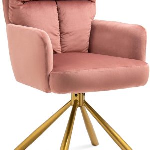 Warmiehomy Swivel Desk Chair, No Wheels, Gold Legs, Pink, for Office, Living Room, Bedroom, Dorm