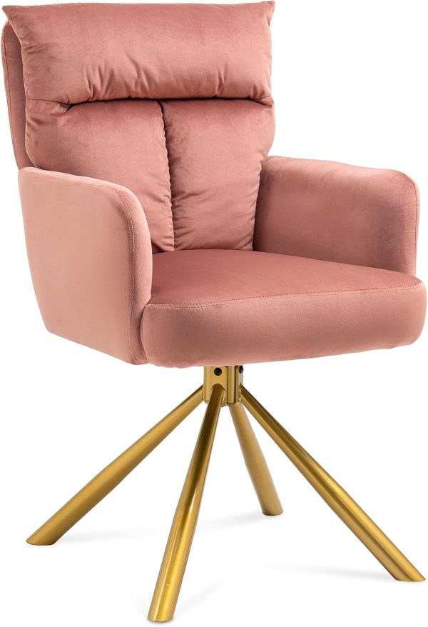 Warmiehomy Swivel Desk Chair, No Wheels, Gold Legs, Pink, for Office, Living Room, Bedroom, Dorm