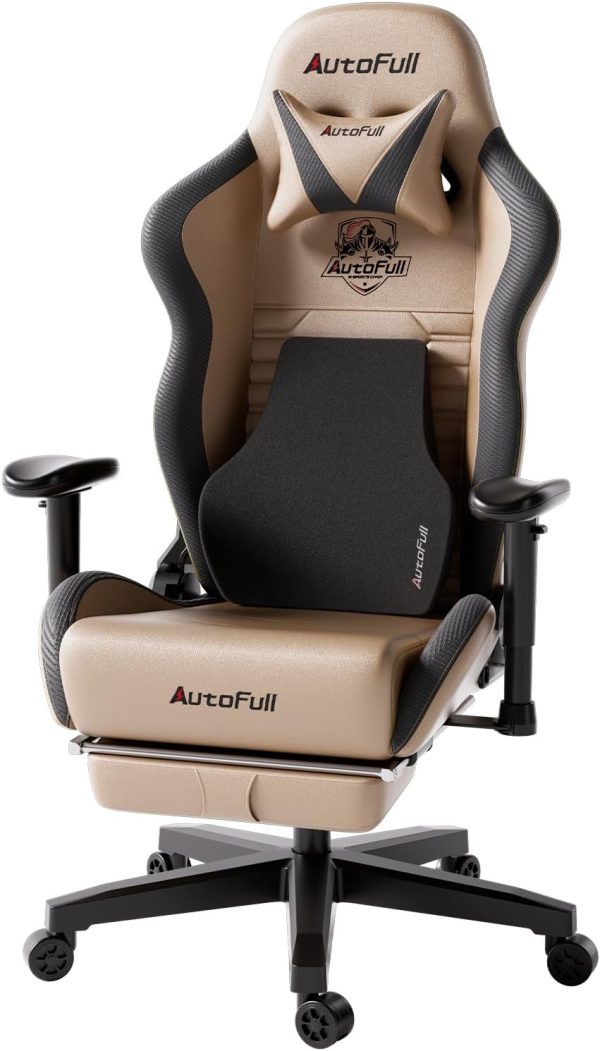 AutoFull C3 Gaming Chair, Ergonomic Racing Style with Lumbar Support, Adjustable High Back, PU Leather, Footrest, Brown