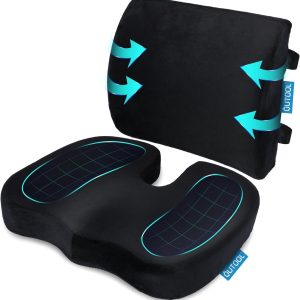 QUTOOL Orthopedic Seat Cushion & Lumbar Pillow for Office and Car, Memory Foam, Washable Cover, Relieves Tailbone, Back Pain, Sciatica