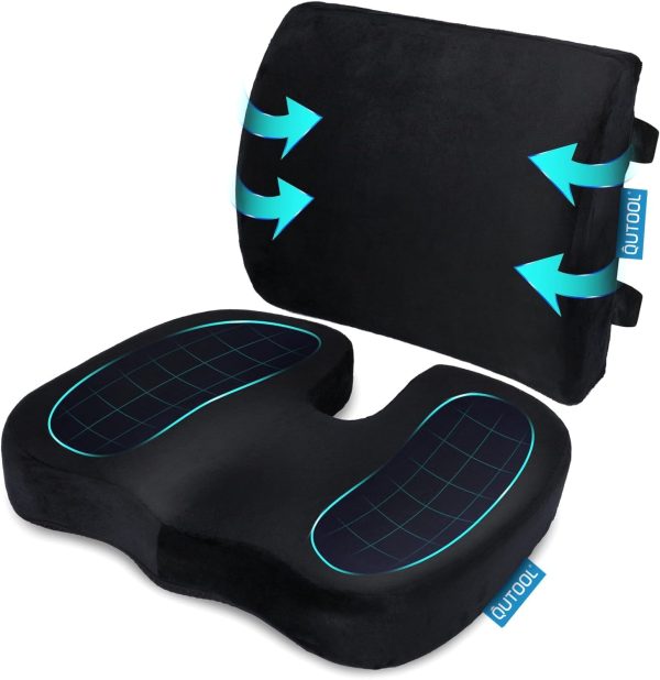 QUTOOL Orthopedic Seat Cushion & Lumbar Pillow for Office and Car, Memory Foam, Washable Cover, Relieves Tailbone, Back Pain, Sciatica
