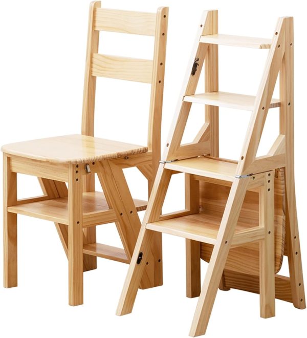 Solid Wood Folding 4-Step Ladder Chair - Dual Purpose Stepladder & Display Stand (Wood, 46x35x90cm)