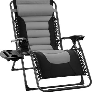 Oversized Padded Zero Gravity Chair, Folding XL Outdoor Recliner with Headrest, Cup Holder, Side Tray - Black/Gray