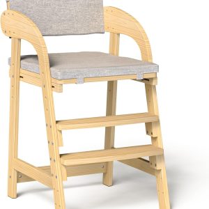 Adjustable Wooden High Chair for Babies and Toddlers, 3-12 Years, Up to 130 lbs, with Wide Foot Pedal Steps and Removable Washable Cushion (Natural)