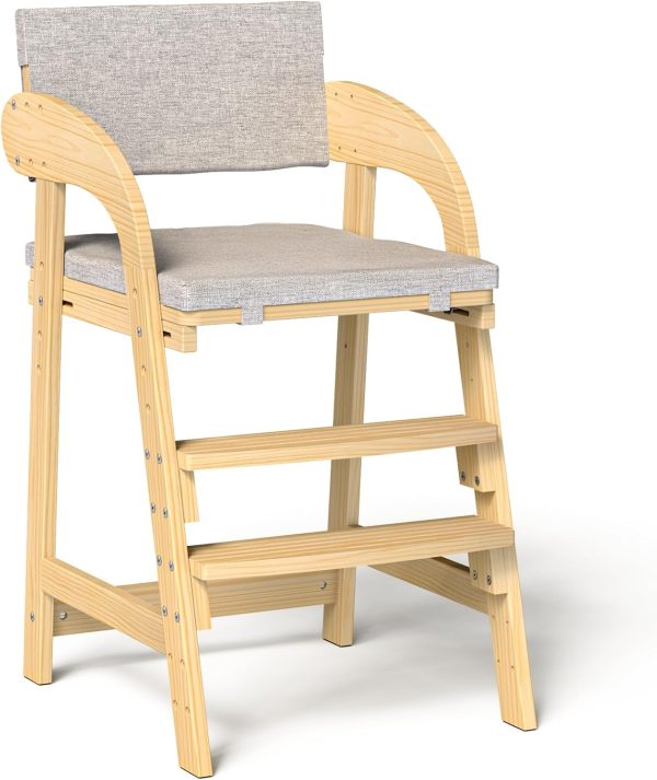 Adjustable Wooden High Chair for Babies and Toddlers, 3-12 Years, Up to 130 lbs, with Wide Foot Pedal Steps and Removable Washable Cushion (Natural)