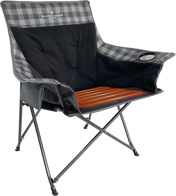 Black Sierra Heated Fleece Camping Chair with Battery, XL Portable, 3 Heat Settings, 300 Lb Steel Frame, Foldable for Camping, Sports, Patio