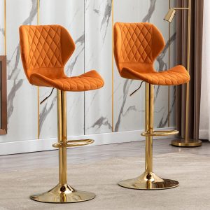 Set of 2 Orange Swivel Counter Height Bar Stools with Golden Base and Velvet Upholstery for Kitchen or Dining Room