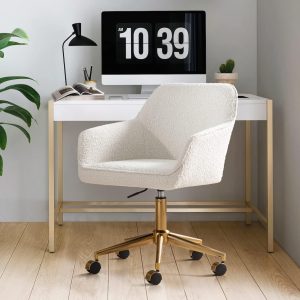Zesthouse Modern White Swivel Desk Chair with Wheels, Upholstered, Height Adjustable, Gold Base