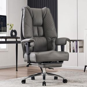 Big and Tall Leather Executive Office Chair, 400lbs Wide Seat, High Back with Footrest and Lumbar Support, Grey