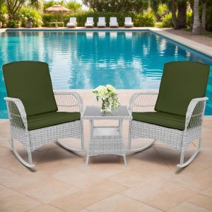 3-Piece Rocking Bistro Set: PE Wicker Outdoor Chairs & Glass Table, Army Green