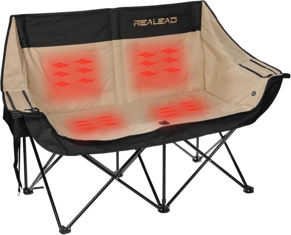 REALEAD Heated Double Camping Chair with 3 Heat Levels, 4 Heating Zones, 650 lbs Capacity, Battery Not Included