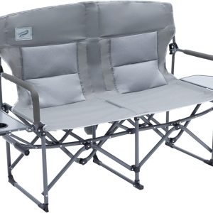 Double Portable Folding Director’s Loveseat with Padded Backrest and Side Table for Outdoor Activities, Supports 300 Lbs/Seat