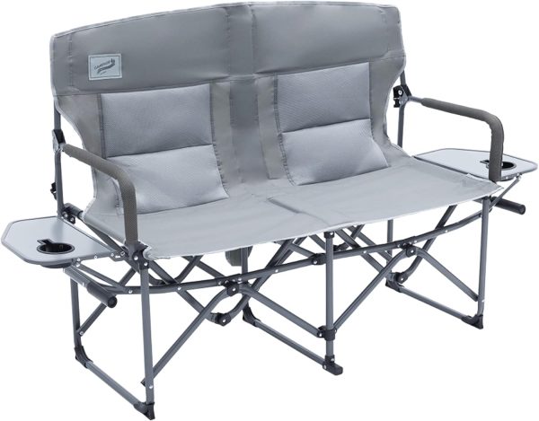 Double Portable Folding Director’s Loveseat with Padded Backrest and Side Table for Outdoor Activities, Supports 300 Lbs/Seat