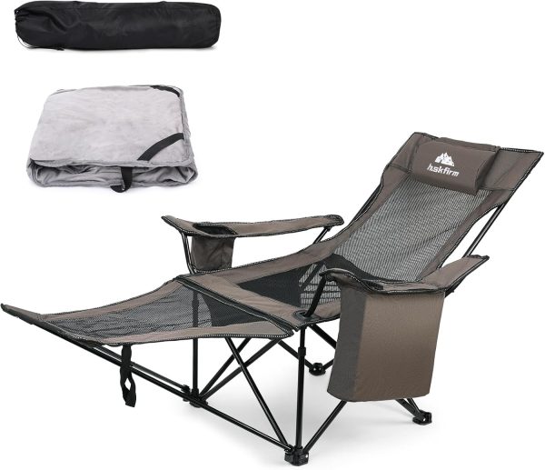 Reclining Camping Chair with Footrest, Cooler Bag, and Cotton Cushion, Portable, 300 lbs Capacity