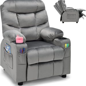 Costzon Kids Recliner Chair with Cup Holder, Footrest, and Side Pockets, Gray