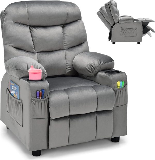 Costzon Kids Recliner Chair with Cup Holder, Footrest, and Side Pockets, Gray
