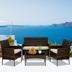 4-Piece Wicker Patio Conversation Set with Table and Cushioned Seats, Black