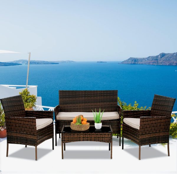 4-Piece Wicker Patio Conversation Set with Table and Cushioned Seats, Black