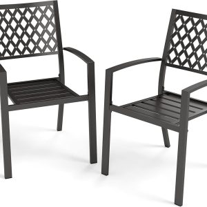 PHI VILLA Stackable Metal Patio Chairs, Black, with Armrests, Set of 2, 300 lbs Capacity