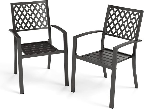 PHI VILLA Stackable Metal Patio Chairs, Black, with Armrests, Set of 2, 300 lbs Capacity