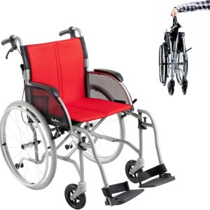 Feather Mobility Lightweight Folding Wheelchair with Red Cushion, Swingaway Legrests, Anti-tippers, and Quick Release Wheels